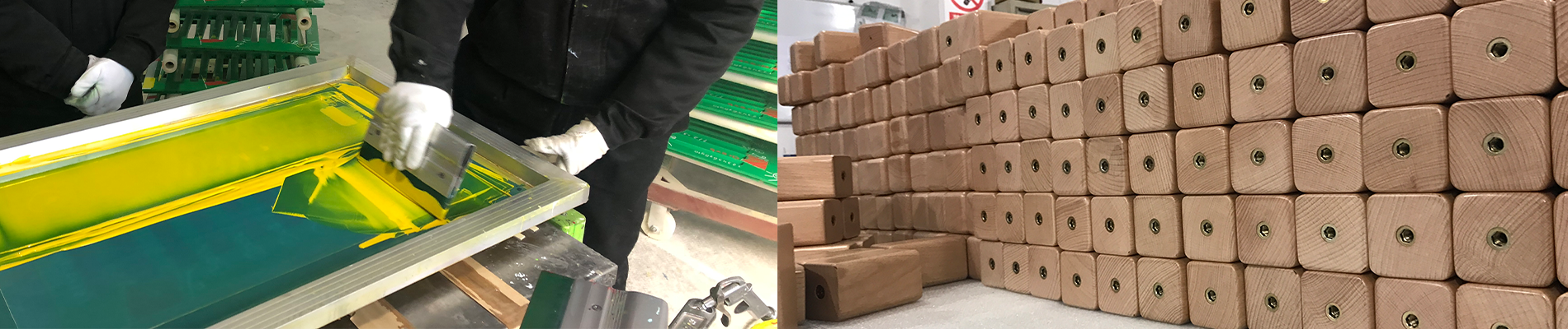 Duurzame productie bij IKC Medewerker aan het werk met zeefdruk in de fabriek en stapels houten onderdelen – duurzame productieproces bij IKC