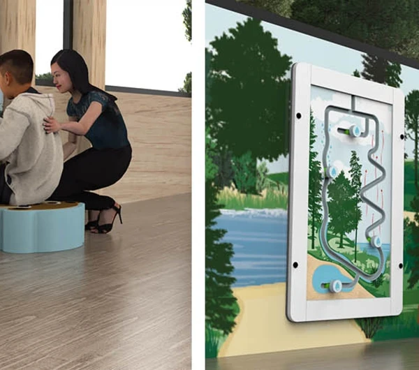 This image shows a boy playing with a educational wall game