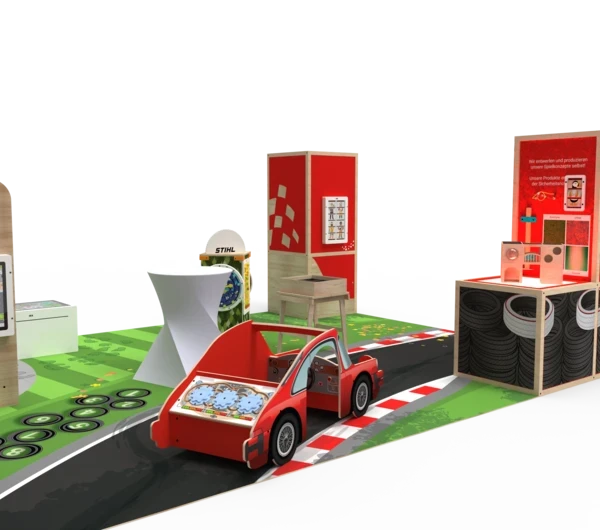 Interactieve kinderhoek met racebaan, speelelementen en merkbeleving voor retail en events