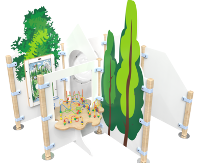 inrichting voor een kinderhoek met een kralentafel en diverse speel elementen