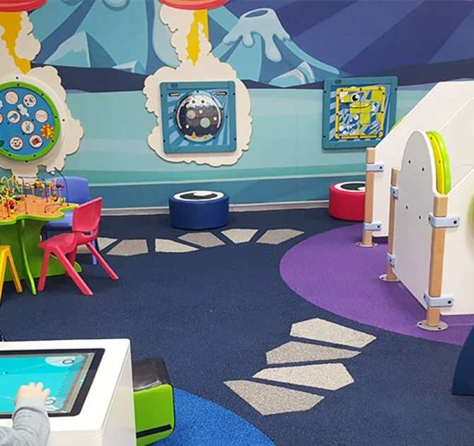 This image shows a custom kids corner in a shopping center