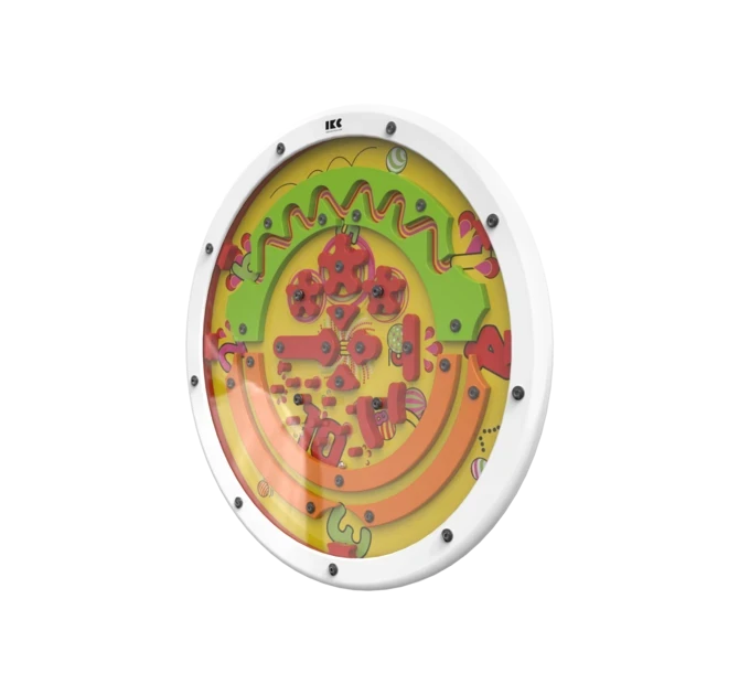 Draai het speelwiel om de balletjes te verplaatsen door de hindernissen | IKC wandspel muurspel