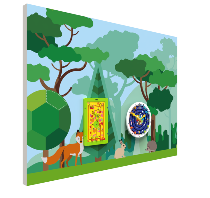 Forex wand met een bos thema en wandspeelbord voor extra beleving in een speelhoek