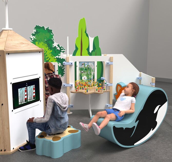 Een overzichtsafbeelding van een complete speelhoek voor kinderen.