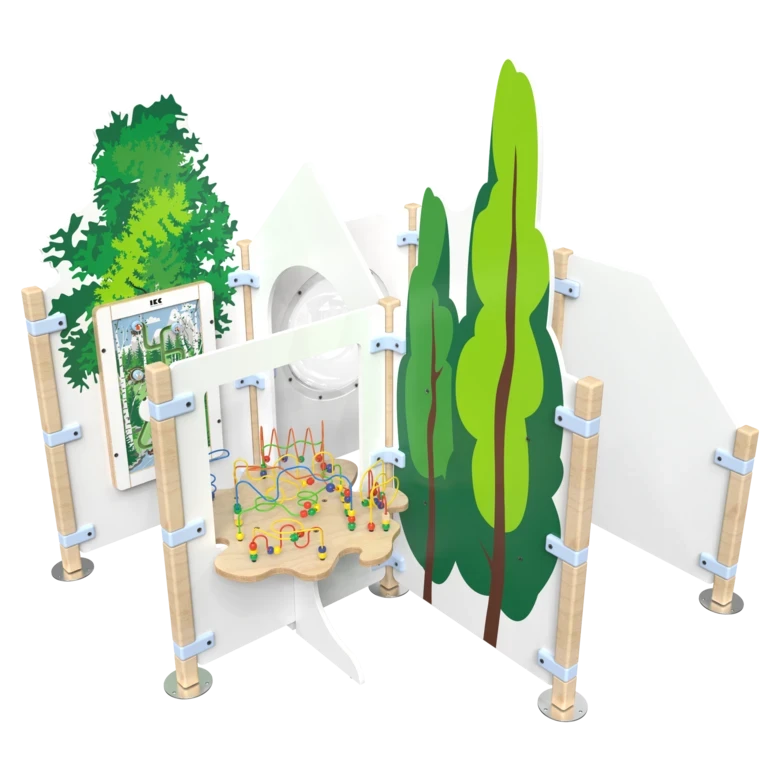 inrichting voor een kinderhoek met een kralentafel en diverse speel elementen