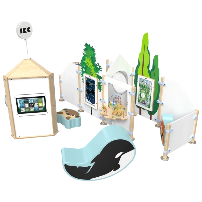 Complete speelhoek voor kinderen met interactieve speelsystemen en een kralen tafel